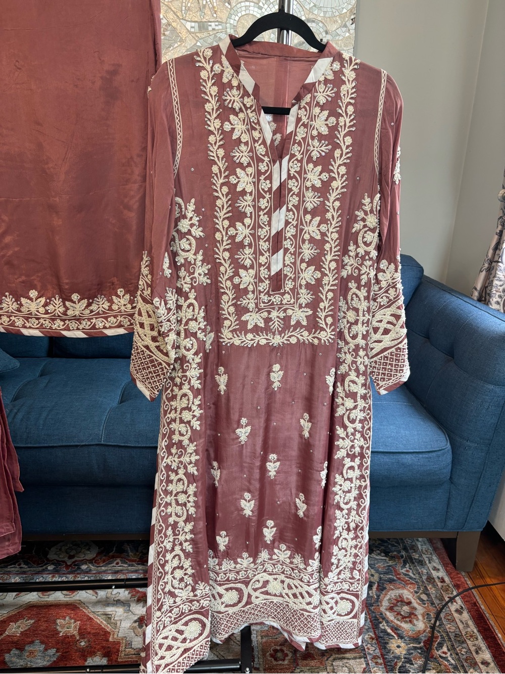 Embroidered Mauve Long Sleeve Women's Dress